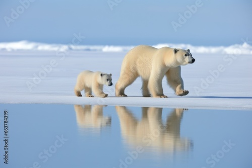 Fotografia a polar bear and cub walking side-by-side on ice