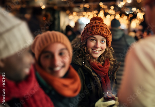 A group of friends enjoying the festive season to meet up and drink mulled wine at the Christmas market. Focus on a beautiful young woman. Generative ai