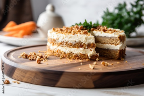 carrot cake with cream cheese frosting on a wooden board