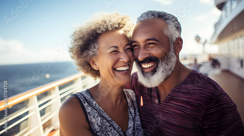 Happy senior mixed race couple on the deck of a cruise ship in the mediterranean photo