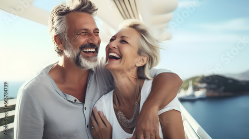 Happy senior white, caucasian couple on the deck of a cruise ship in the mediterranean