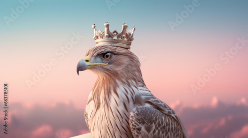 A hawks regal crown against a pastel skyline