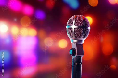 Microphone on stand for speaker speech presentation stage performance with blur and bokeh light background. Generative AI