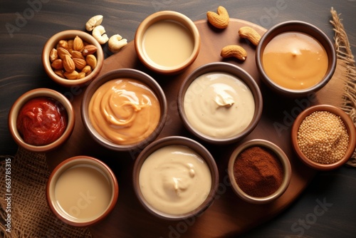 nut butters arrayed in small ceramic bowls