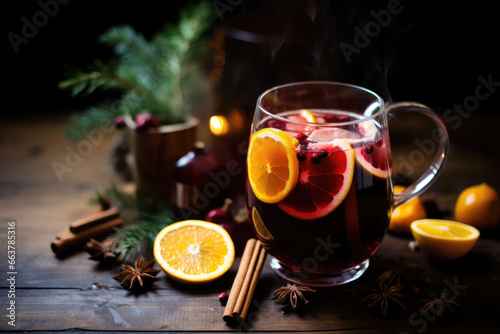 Mulled red wine with spices and citrus fruits. Traditional hot drink at Christmas time. Generative AI