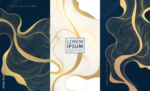 Set of vector collection design elements, labels, frames, wedding invitations, social net stories, packaging, luxury products, perfume, soap, wine, lotion. Golden ribbons background