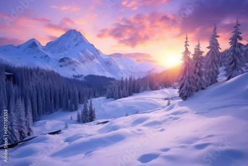 Amazing morning winter landscape with mountains. Generative AI © barmaleeva