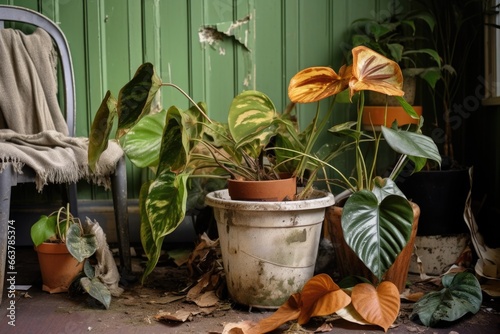 a neglected houseplant with withered leaves photo