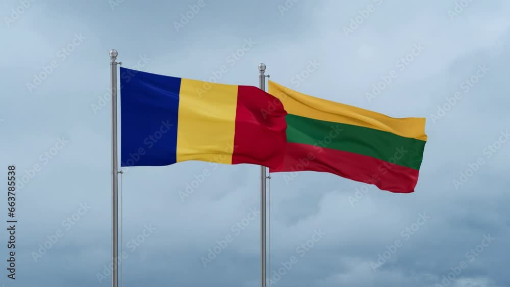 Lithuania flag and Romania flag waving together on cloudy sky, endless seamless loop, two country relations concept Lithuania flag and Romania flag waving together on cloudy sky, endless seamless loop, two country relations concept