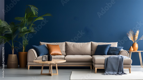 A chic living room design incorporating a beige corner sofa harmoniously with dark blue walls