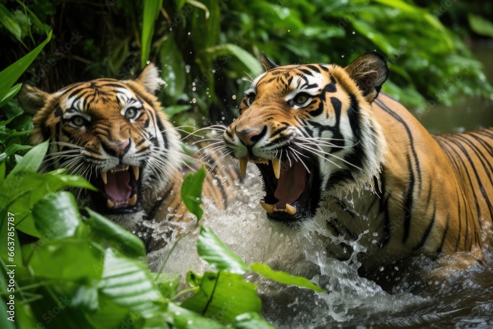 Fototapeta premium tigers clashing over prey in a jungle setting