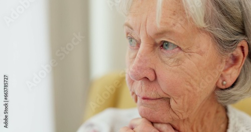 Senior woman, sad face and thinking at home with hands on chin to remember memory in retirement. Serious and upset elderly person at a nursing facility shaking head for negative emotion or Alzheimer