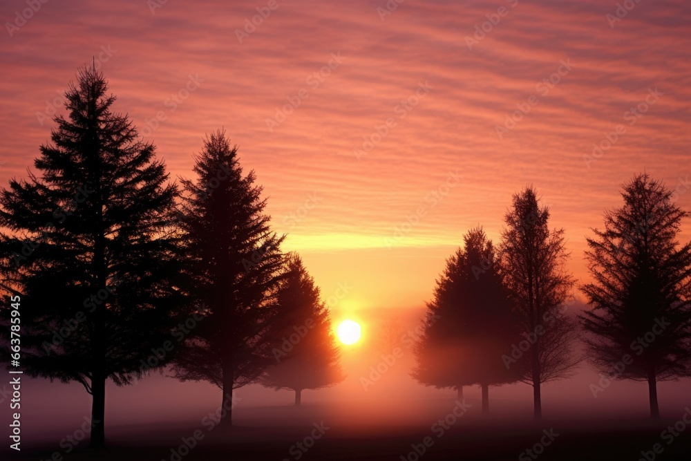 silhouettes of trees in sunrise mist silhouettes of trees in sunrise mist