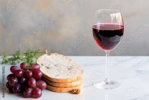 communion bread and wine on marble table