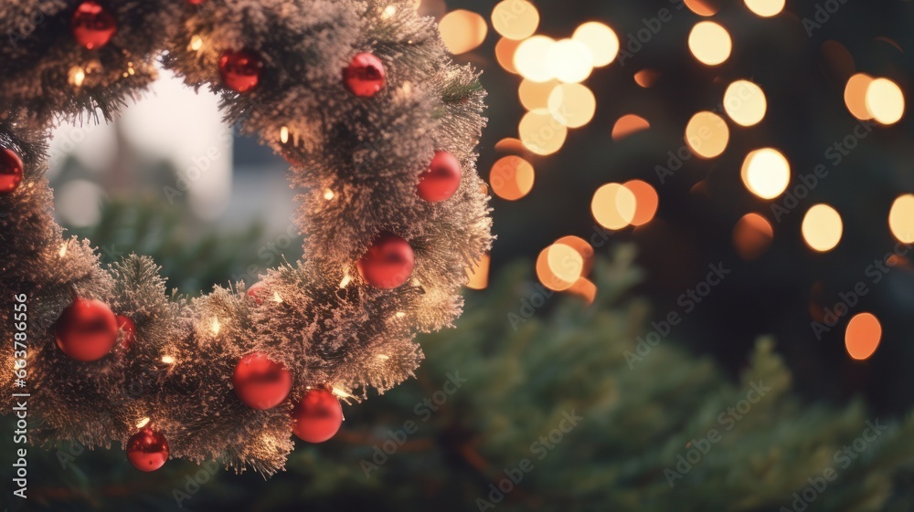 Close-up of Festive Red Christmas Wreath with Garland Ornaments and Glowing Bokeh Lights for Holiday Decoration and Winter Celebration Close-up of Festive Red Christmas Wreath with Garland Ornaments and Glowing Bokeh Lights for Holiday Decoration and Winter Celebration