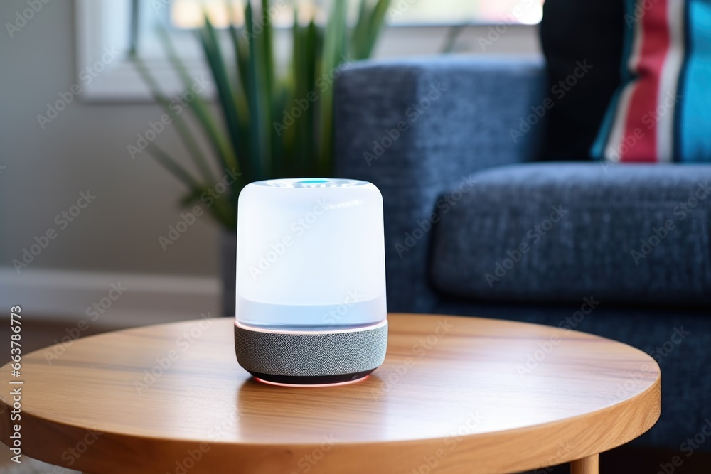 compact smart speaker on a sleek glass coffee table compact smart speaker on a sleek glass coffee table