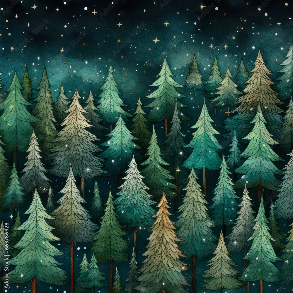 Festive December Illustration: Joyful Yuletide Forest in Childlike Drawing Style, Ideal for Seasonal Design Projects