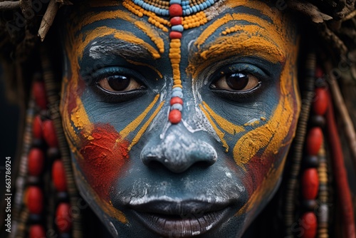 The face of colorful makeup of the Suri tribe in Africa