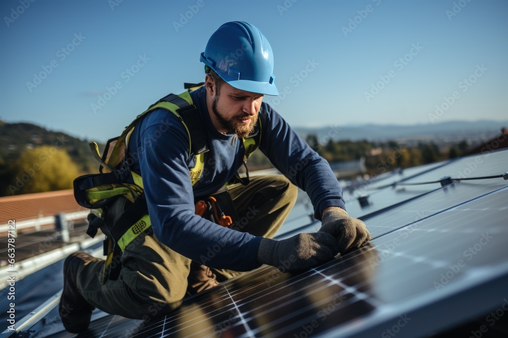 Solar roof engineering technician working on a tall building. Businessman of solar energy company doing surveillance work on solar cycle. Solar roof engineering technician working on a tall building. Businessman of solar energy company doing surveillance work on solar cycle.
