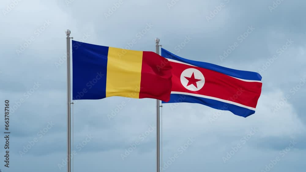 North Korea and Romania flag waving together on cloudy sky, endless seamless loop North Korea and Romania flag waving together on cloudy sky, endless seamless loop
