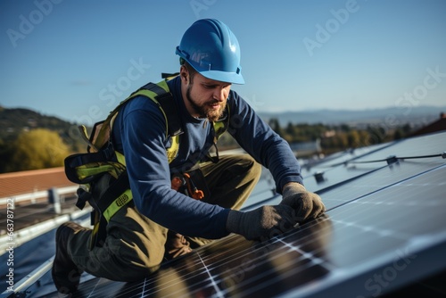 Solar roof engineering technician working on a tall building. Businessman of solar energy company doing surveillance work on solar cycle.