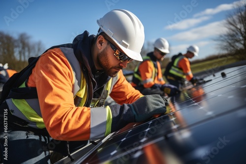 Solar roof engineering technician working on a tall building. Businessman of solar energy company doing surveillance work on solar cycle. photo