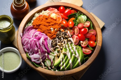 bowl of salad surrounded by dressing and toppings