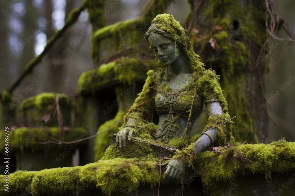 a moss-covered statue perches next to a yard pond