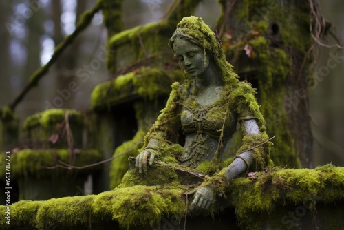 a moss-covered statue perches next to a yard pond