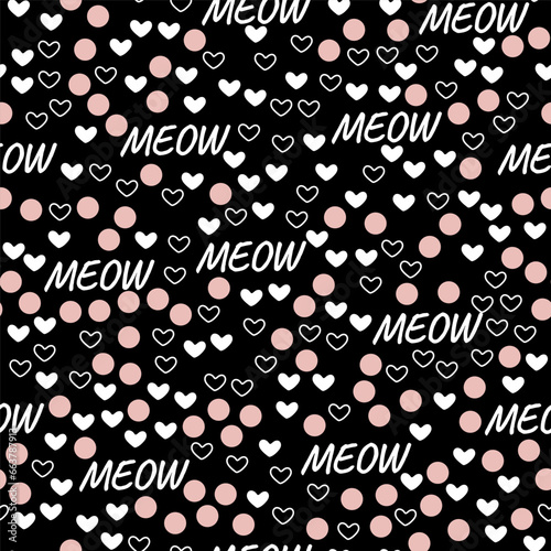 Hand drawn vector cat seamless pattern of meow and hearts