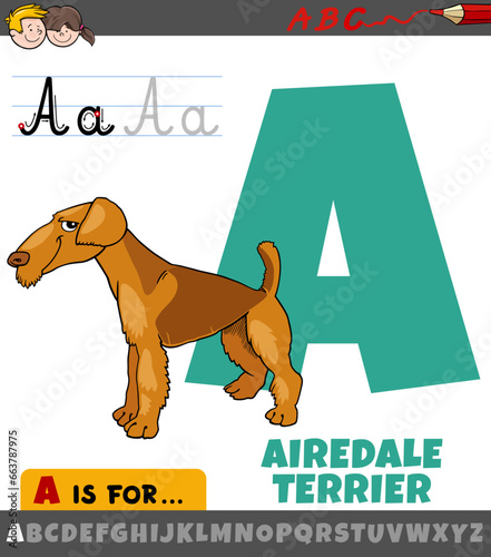 letter A from alphabet with cartoon airedale terrier dog