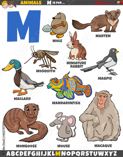 cartoon animal characters for letter M educational set