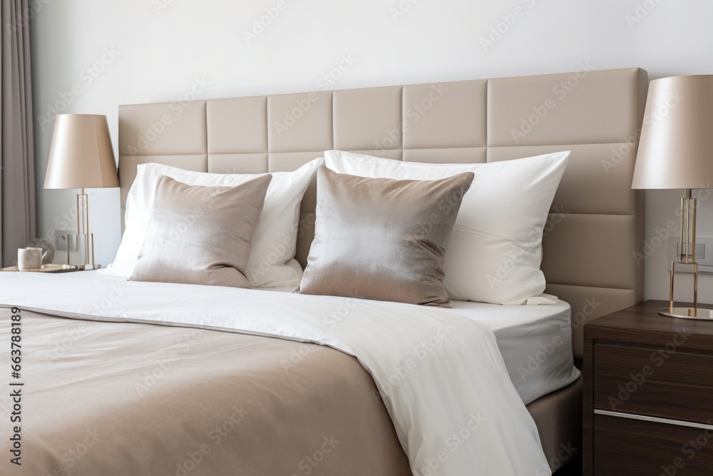 close-up of a modern bed with beige linens in a furnished bedroom close-up of a modern bed with beige linens in a furnished bedroom