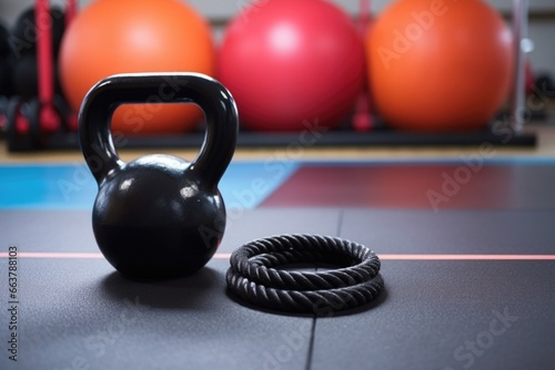 kettlebell and jump rope on a fitness mat