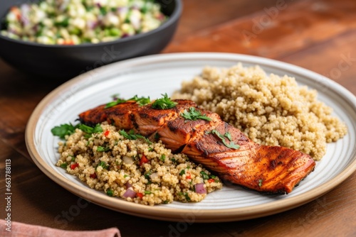 plate with grilled salmon and a side of quinoa