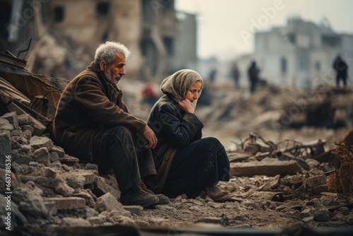 Families grieve and cry over the ruins of their homes. parent child crying in after war
