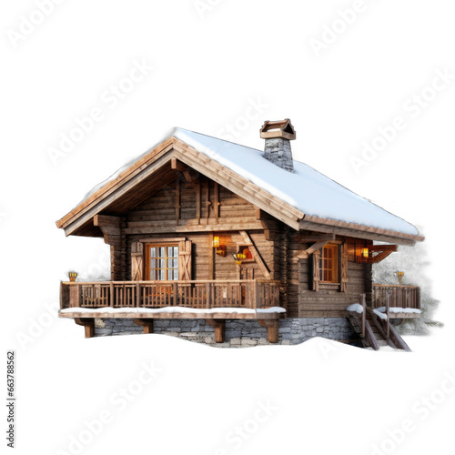 Snowy cabin isolated on transparent background