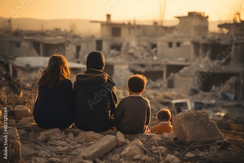 Families grieve and cry over the ruins of their homes. parent child crying in after war