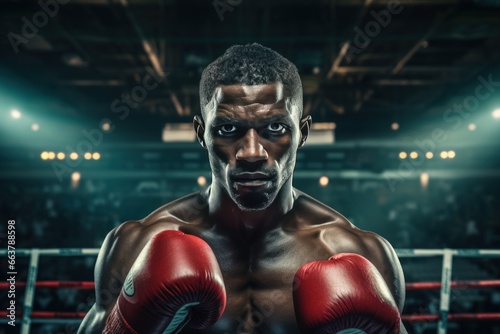 Portrait of African American man exercising and punching a punching bag at the gym.