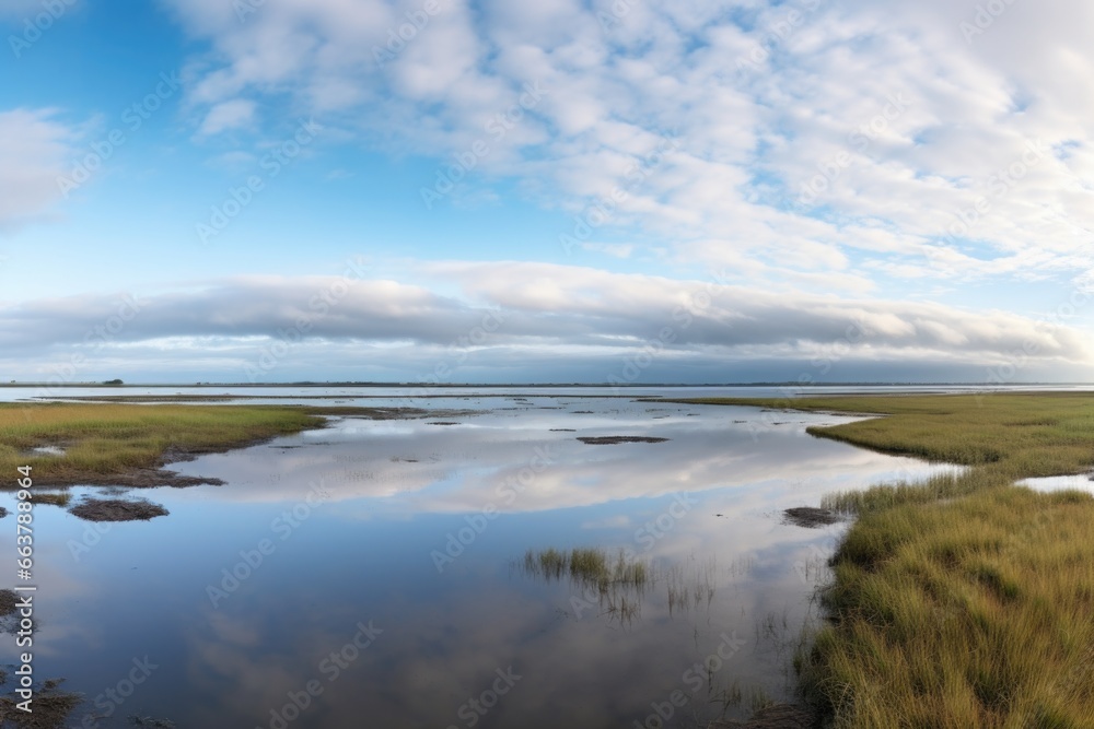 panoramic shot of a tranquil, flat marshland under a cloudy sky