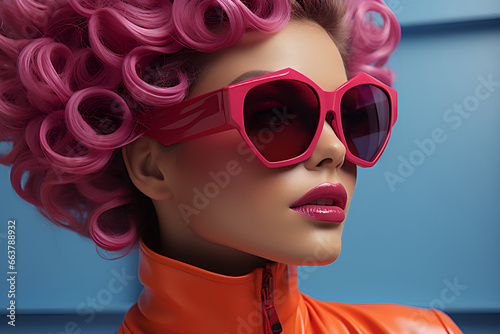 Fashionable girl with pink curly hair  stylish  wearing bright sunglasses in an orange suit  fashion trends  magazine cover