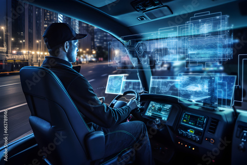 man confidently at the wheel of a lorry. Monitor performance, driver behavior, and maintenance needs, making transportation smarter and more efficient concept