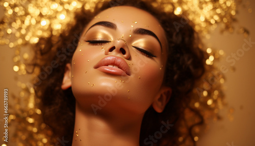 portrait of a beautiful enjoying young woman with closed eyes, golden confetti and perfect skin photo