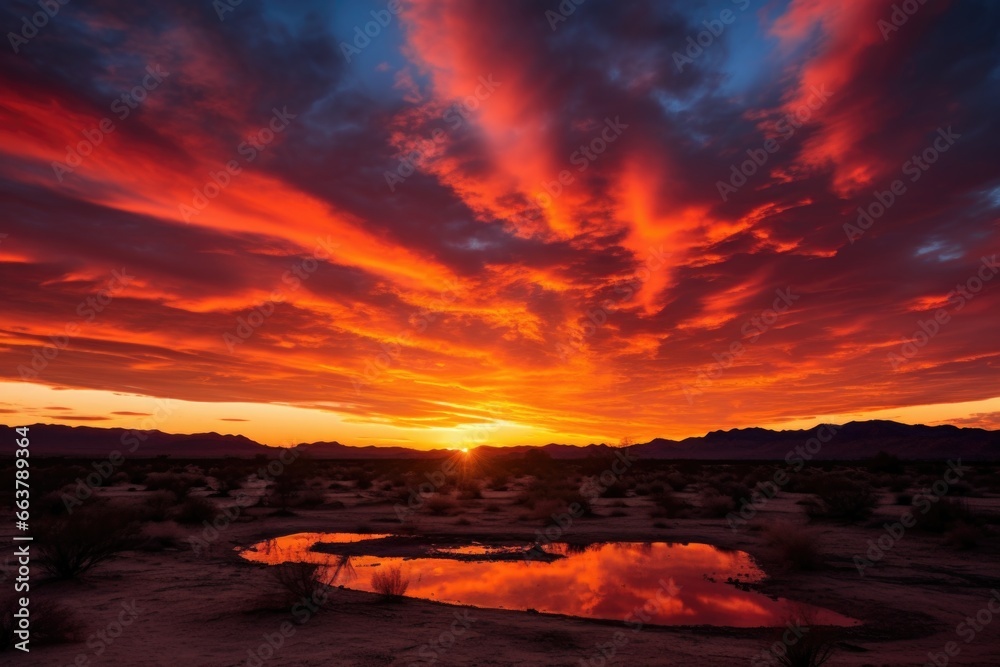 fiery red and orange sunset over a desert