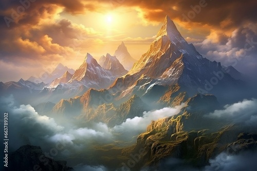 Stunning: mountain, sunrise, misty clouds, golden sky. Generative AI
