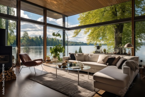The home interior design of modern living room near the lake