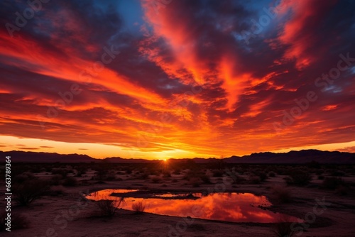 fiery red and orange sunset over a desert