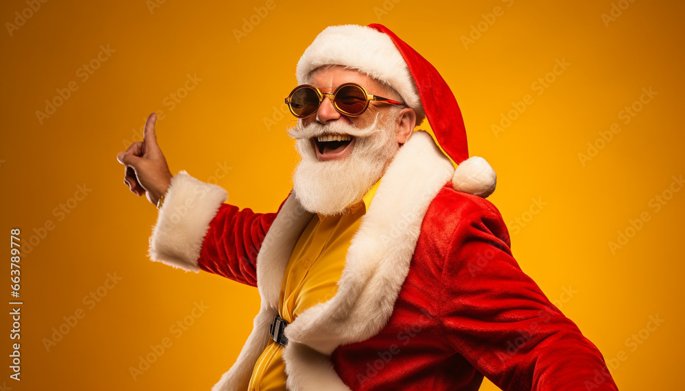 portrait of a cool happy smiling santa claus wearing gold clothes on yellow background with copy space - obrazy, fototapety, plakaty 