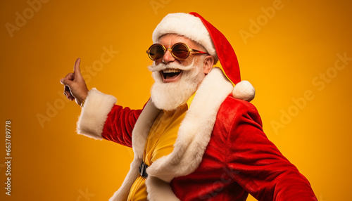 portrait of a cool happy smiling santa claus wearing gold clothes on yellow background with copy space photo