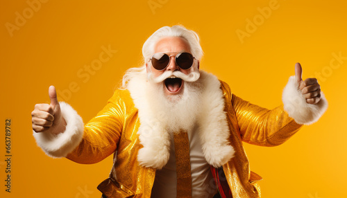 portrait of a cool happy smiling old man wearing gold clothes and sunglasses on yellow background with copy space, thumbs up photo